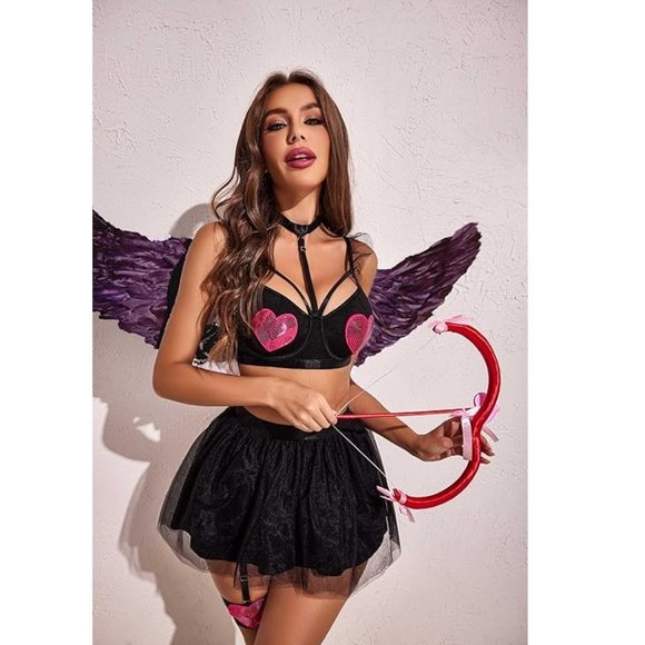 Black Underwire Bra and TUTU Skirt Garter Heart Lingerie Set - Picture 5 of 7